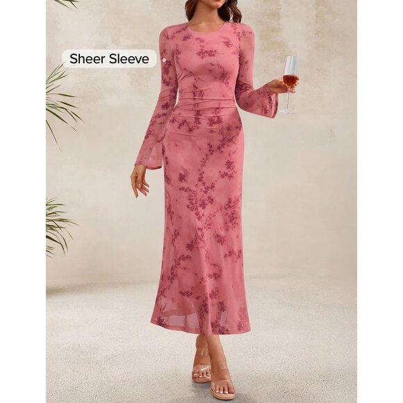 Zesica Women's Tie Dye Pink Ruched Mesh Long Sleeve Floral Bodycon Dress - Picture 2 of 6